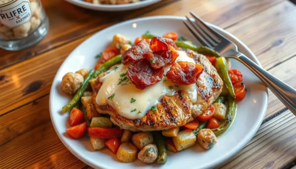 A beautifully plated dish of Alice Springs Chicken, featuring a juicy grilled chicken breast topped with melted cheese and crispy bacon