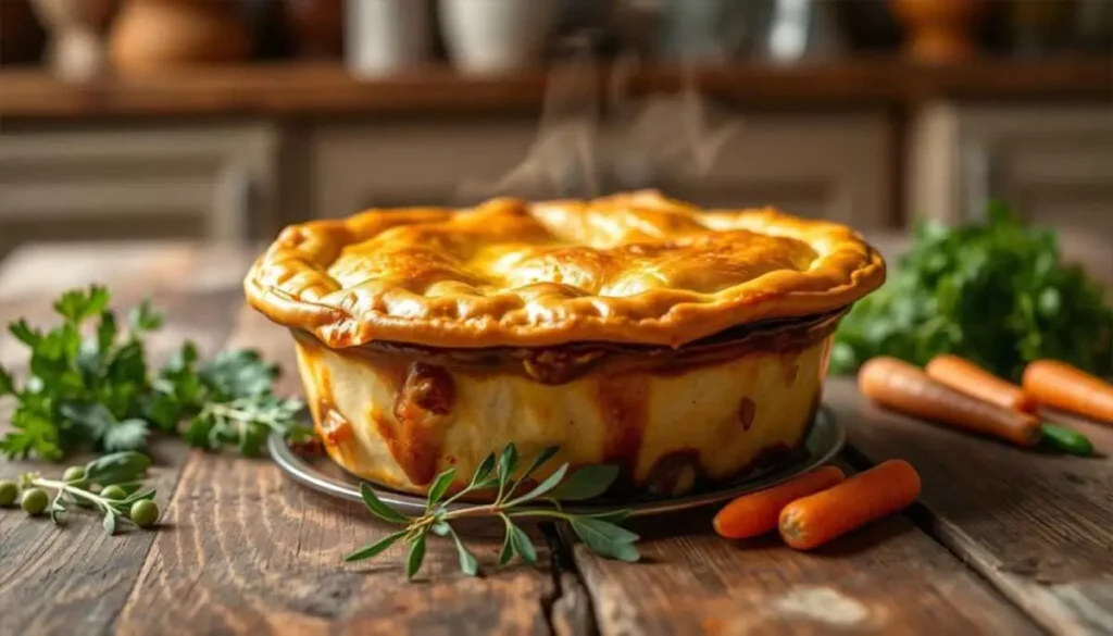 A golden, flaky beef pot pie sitting on a rustic wooden table, with steam rising from the crust, surrounded by fresh herbs and vegetables like carrots and peas