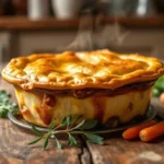 A golden, flaky beef pot pie sitting on a rustic wooden table, with steam rising from the crust, surrounded by fresh herbs and vegetables like carrots and peas