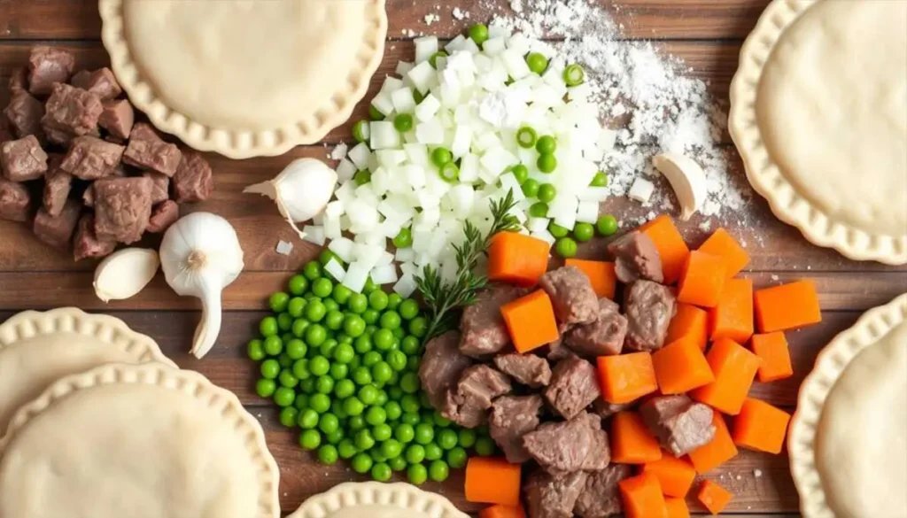 A beautifully arranged flat lay of beef pot pie ingredients, featuring tender beef chunks