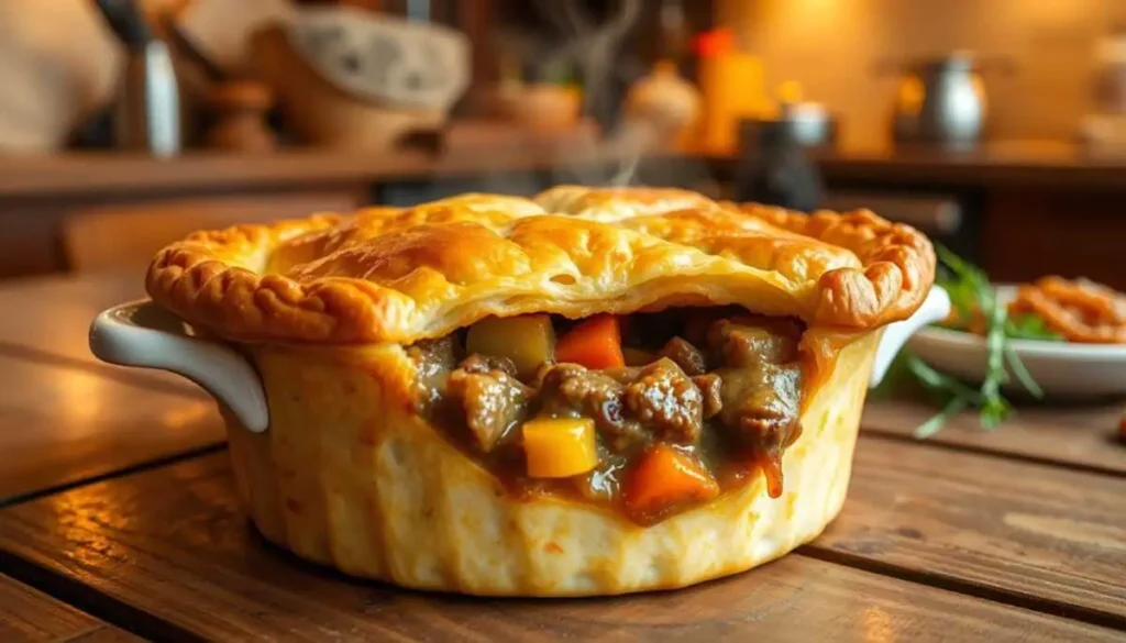 A freshly baked beef pot pie, golden brown flaky crust, steam rising from the filling, rich chunks of beef and colorful vegetables peeking through