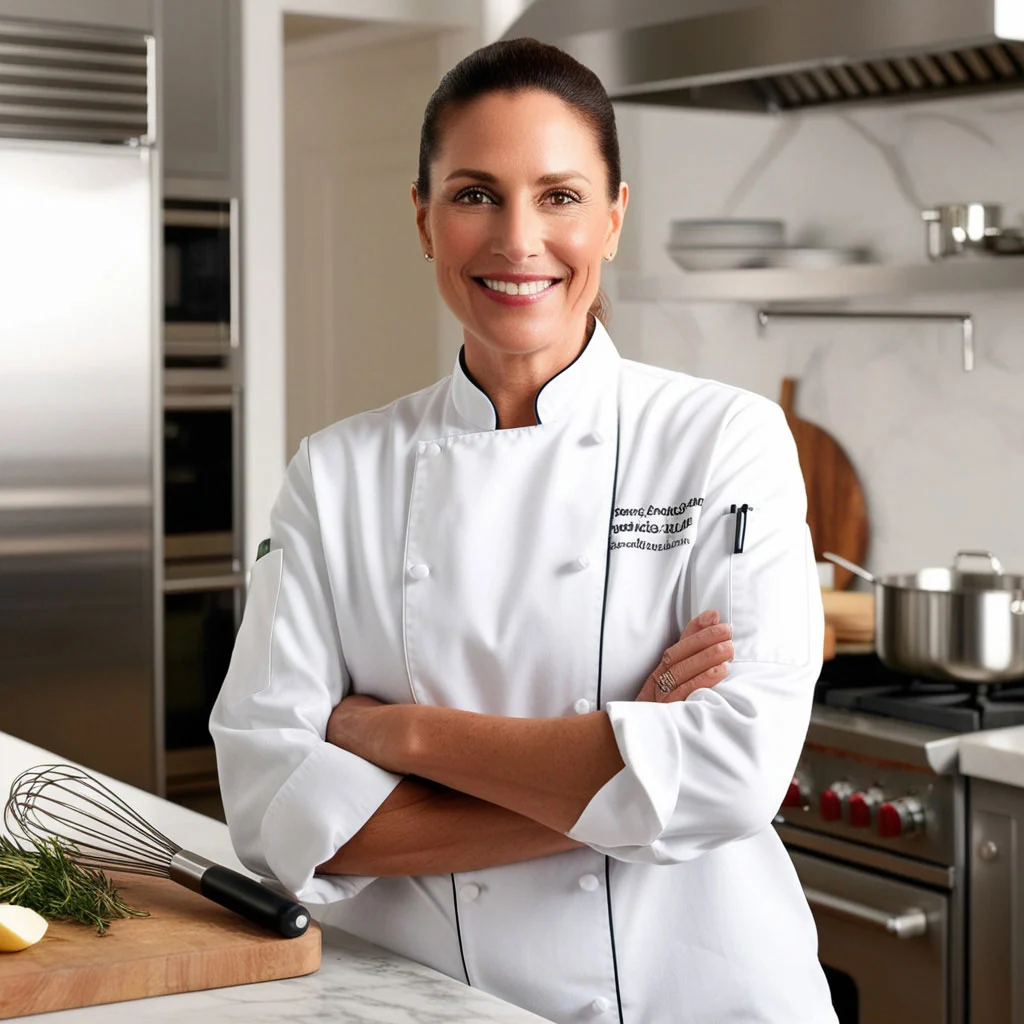 female chef stands in a modern kitchen, wearing a white chef's coat