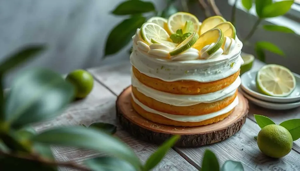 A beautifully styled key lime cake on a rustic wooden table