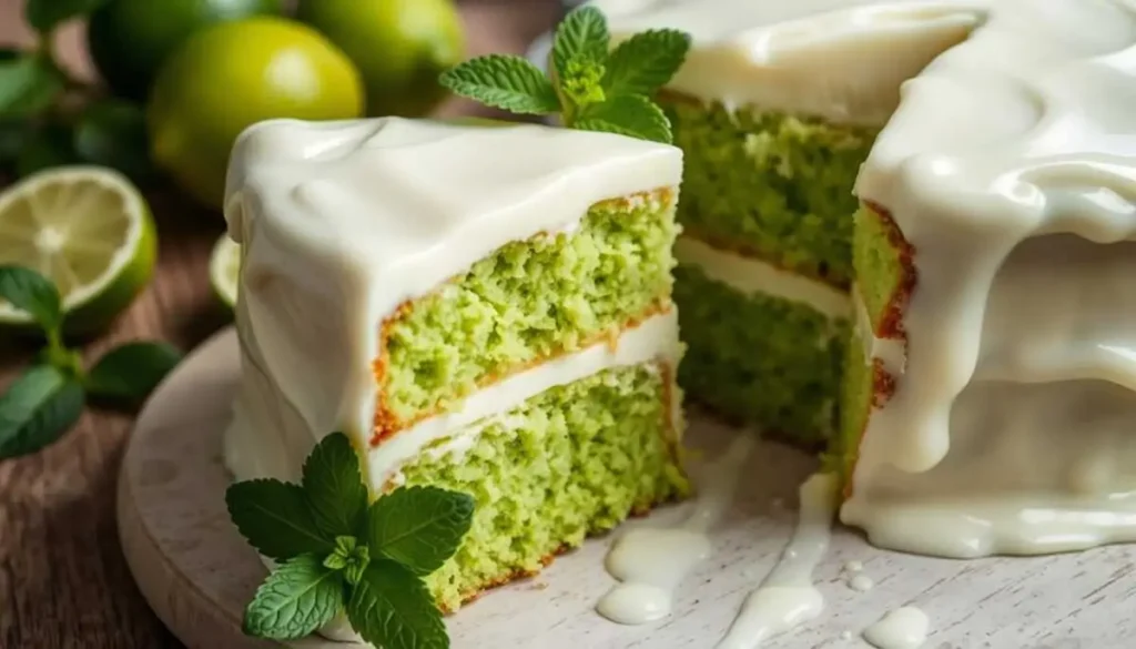 A close-up of a moist and fluffy key lime cake, showcasing its vibrant green layers, creamy white frosting