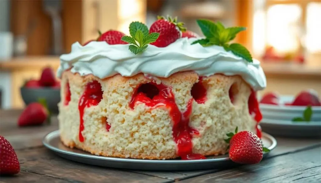 A beautifully arranged slice of moist strawberry poke cake, topped with creamy whipped frosting and fresh strawberries