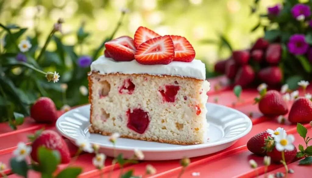 A beautifully arranged slice of moist strawberry poke cake, topped with creamy whipped frosting and fresh strawberries