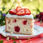 A beautifully arranged slice of moist strawberry poke cake, topped with creamy whipped frosting and fresh strawberries