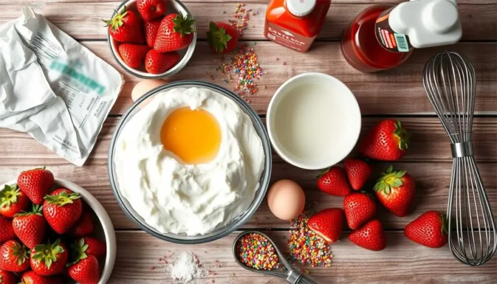 A vibrant, overhead view of a countertop scattered with ingredients for a strawberry poke cake. Fresh ripe strawberries