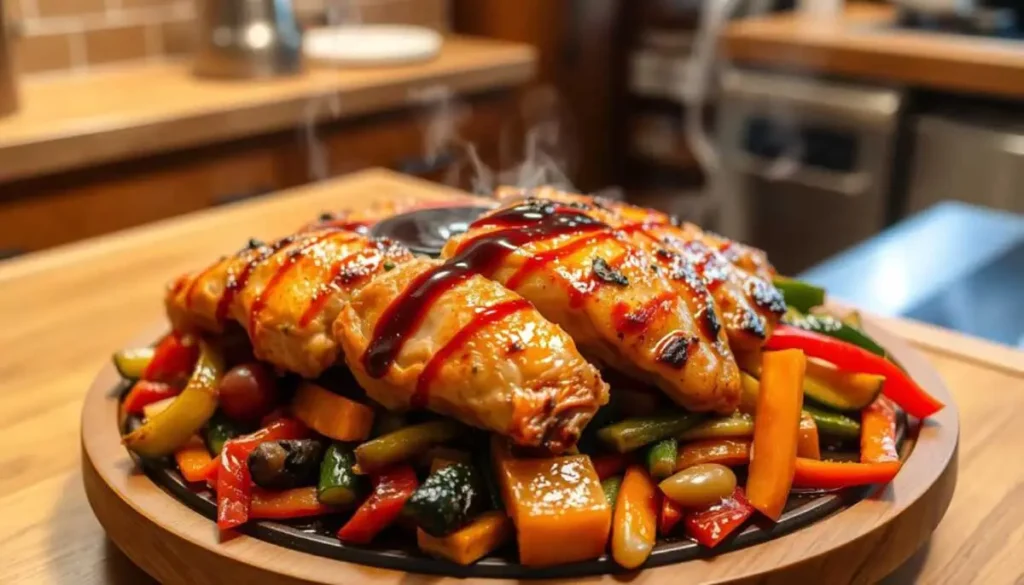 A mouthwatering plate of hibachi chicken, grilled to perfection with a golden-brown glaze, surrounded by colorful stir-fried vegetables like bell peppers and zucchini