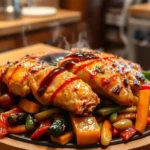 A mouthwatering plate of hibachi chicken, grilled to perfection with a golden-brown glaze, surrounded by colorful stir-fried vegetables like bell peppers and zucchini