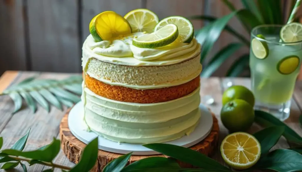 A beautifully layered key lime cake with light green frosting, garnished with fresh lime slices and zest