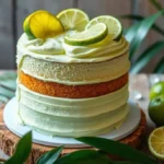 A beautifully layered key lime cake with light green frosting, garnished with fresh lime slices and zest