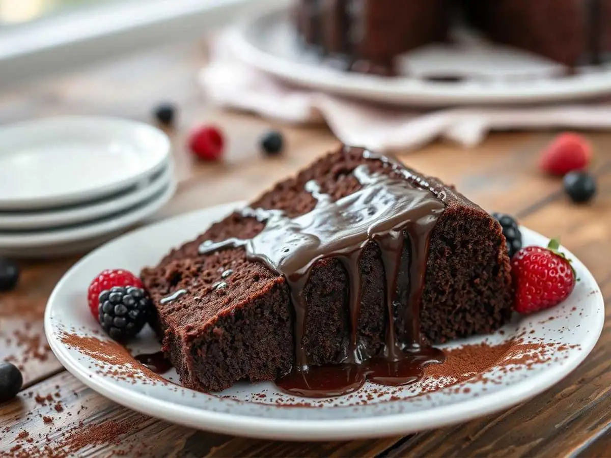 A beautifully plated slice of rich, glossy chocolate pound cake on a rustic wooden table, with melted chocolate drizzling down the sides, surrounded by cocoa powder and fresh berries