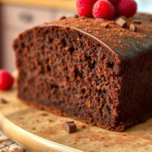 A rich, moist chocolate pound cake on a rustic wooden table, surrounded by cocoa powder, chocolate shavings, and fresh berries