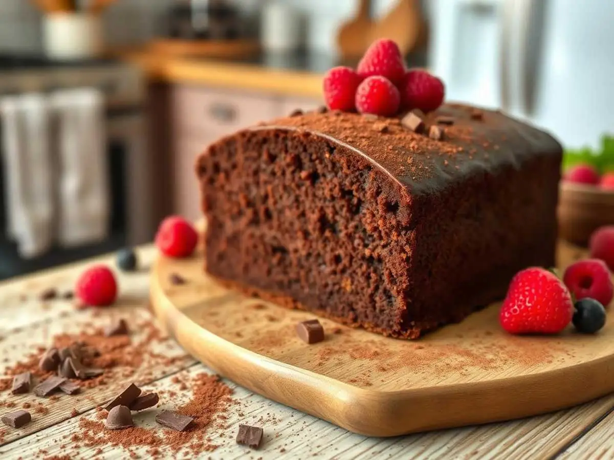 A rich, moist chocolate pound cake on a rustic wooden table, surrounded by cocoa powder, chocolate shavings, and fresh berries