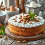 almond nut cake on a rustic wooden table