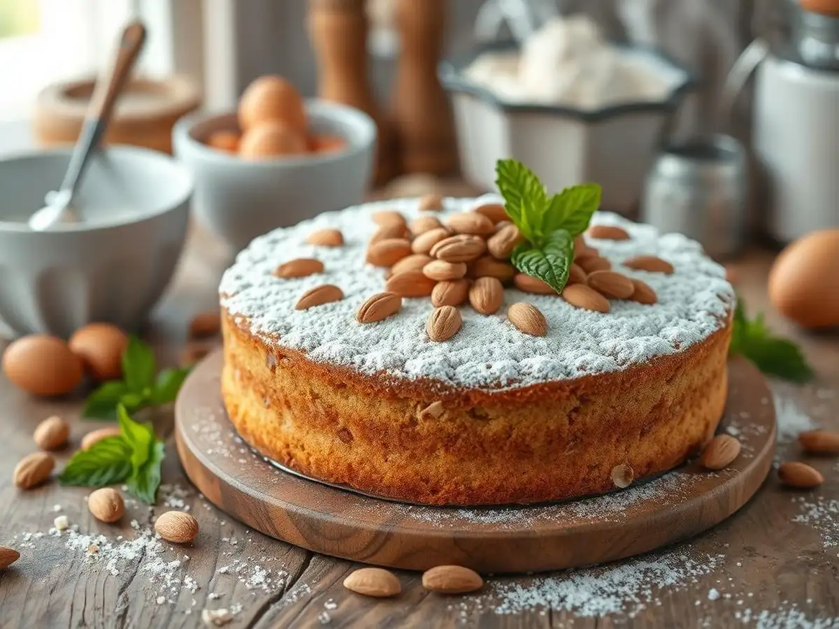 almond nut cake on a rustic wooden table