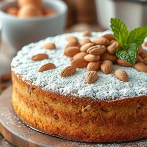 almond nut cake on a rustic wooden table