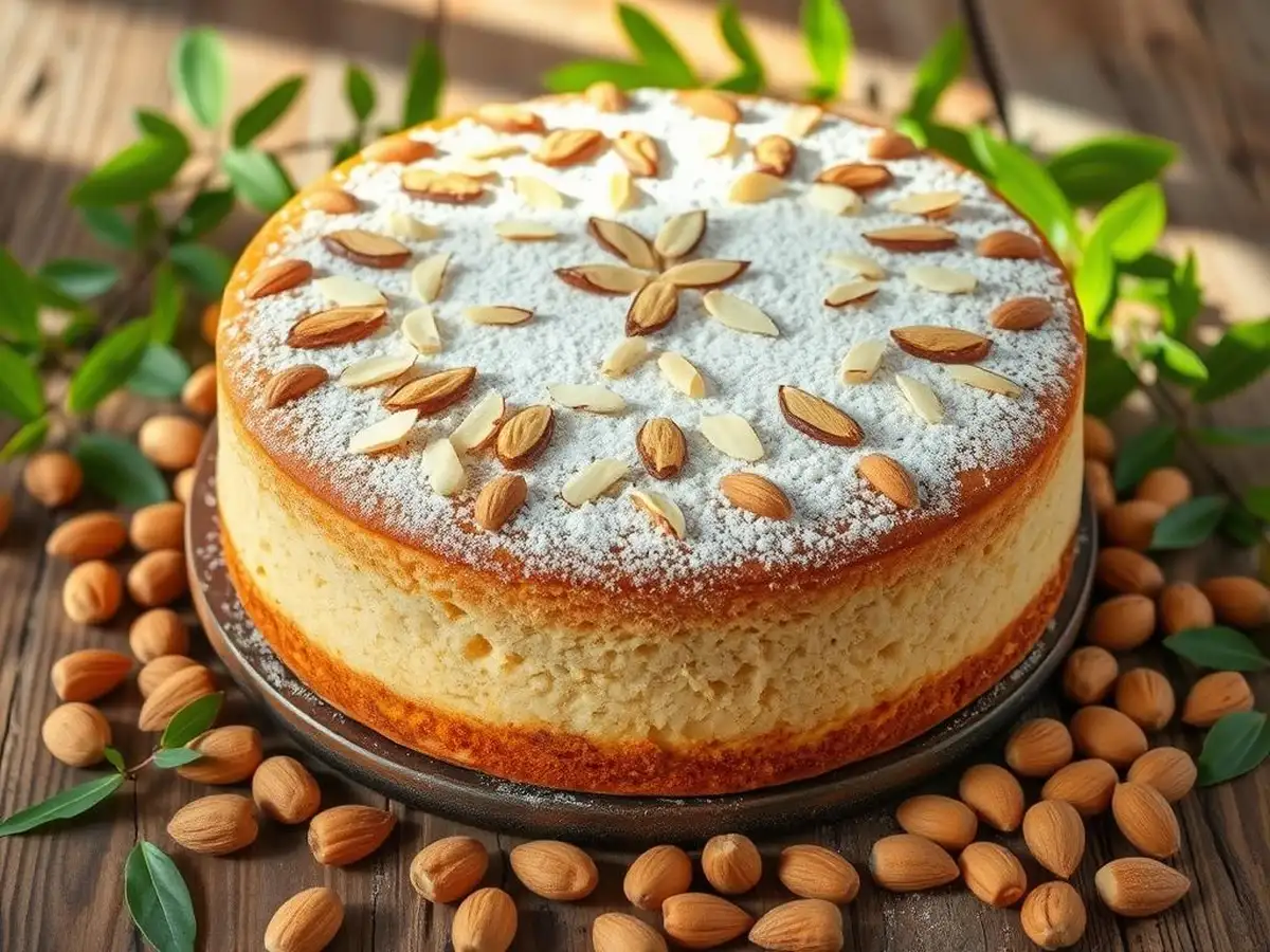 lmond flour cake displayed on a rustic wooden table