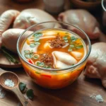 a glass bowl of vibrant brine chicken with herbs and spices