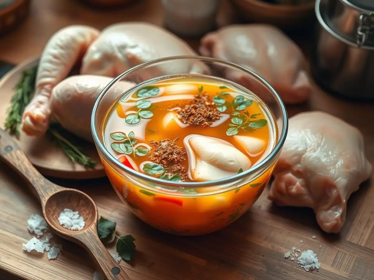 glass bowl of vibrant brine with herbs and spices, surrounded by fresh chicken pieces