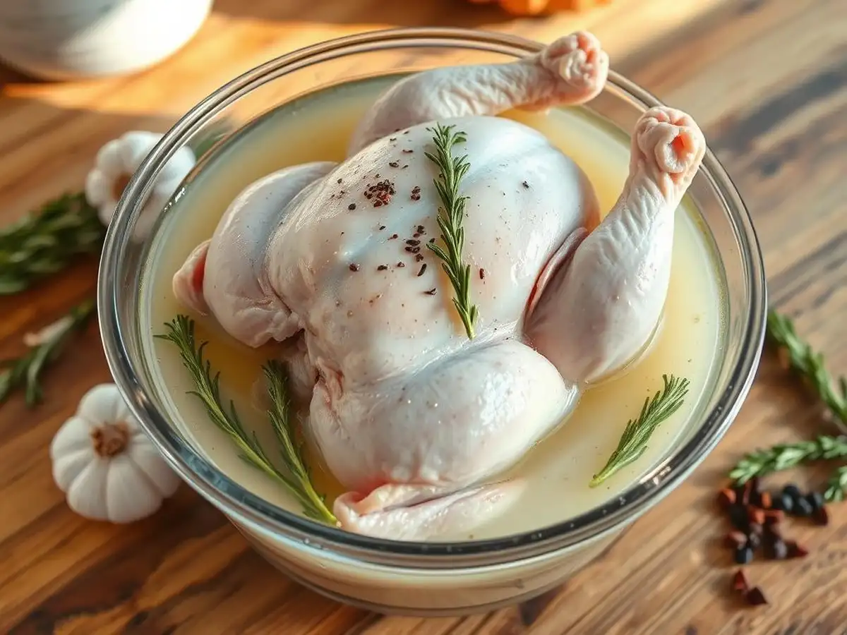 A fresh whole chicken submerged in a clear brine solution infused with herbs and spices