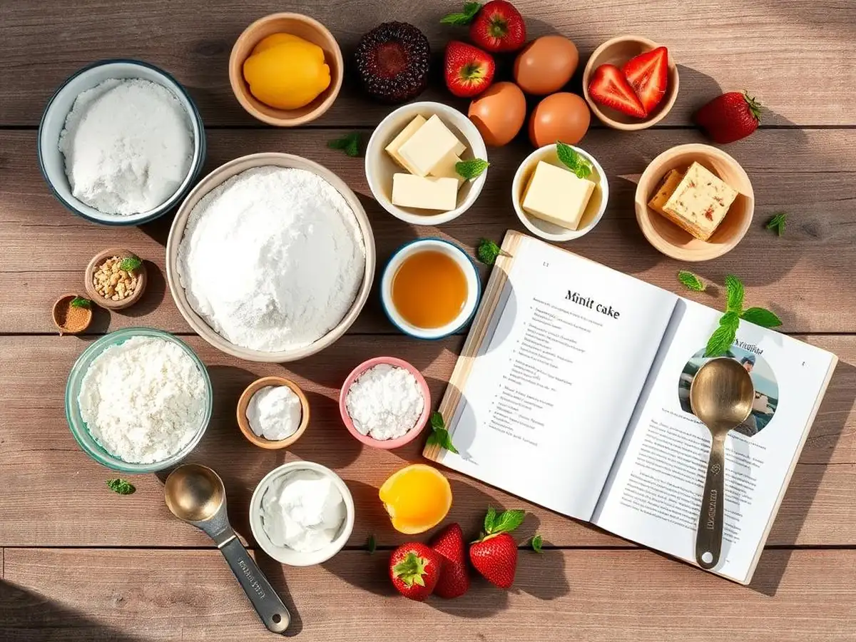 A beautifully arranged flat lay of mini bundt cake ingredients,