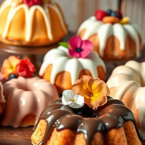 A beautifully arranged display of mini bundt cakes in various flavors