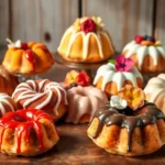 A beautifully arranged display of mini bundt cakes in various flavors