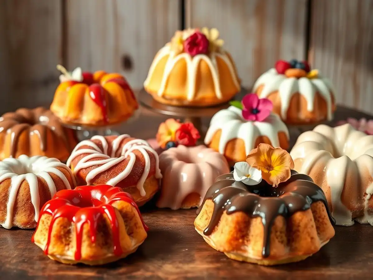 A beautifully arranged display of mini bundt cakes in various flavors