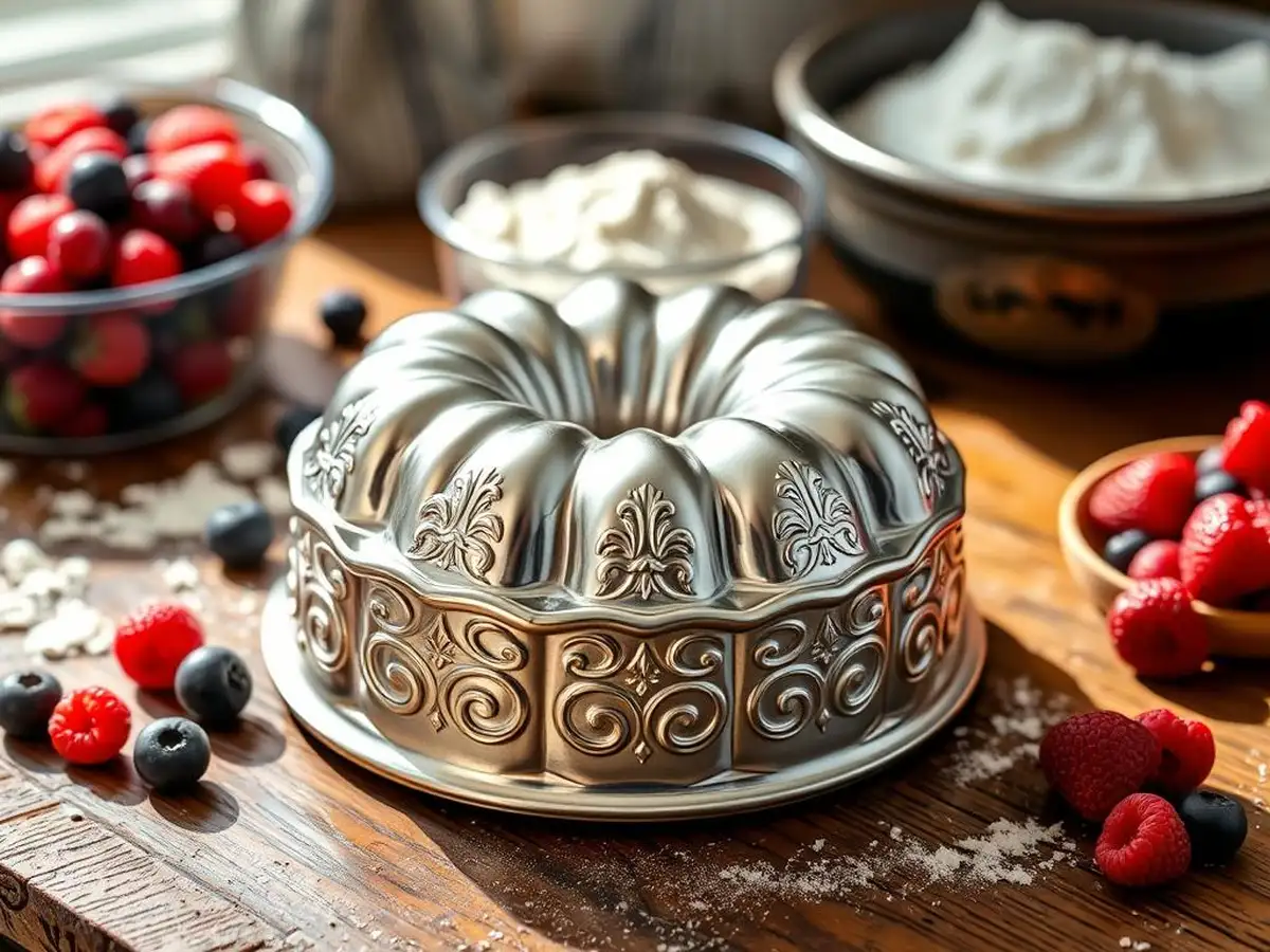 A shiny, silver mini bundt pan with intricate